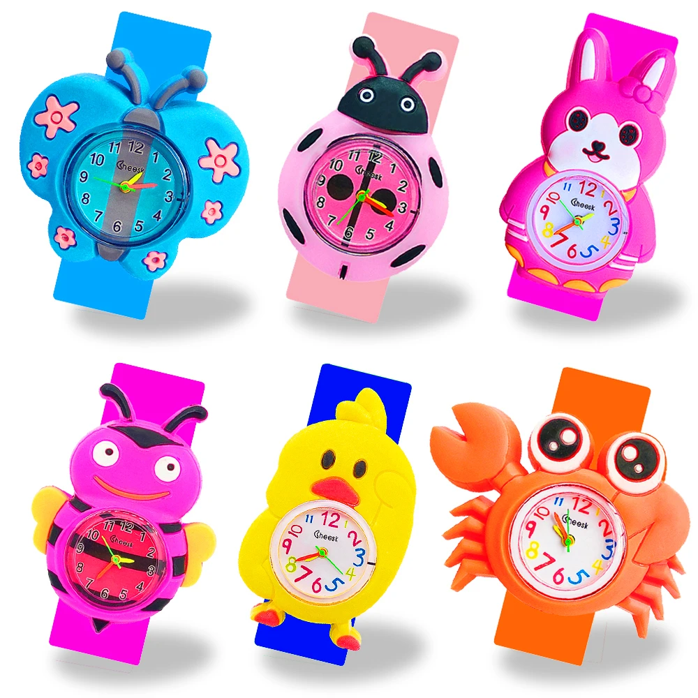 

3D Butterfly/Ladybug Kids Slap Watch 1-9 Years Old Baby Study-time Toy Cartoon Green Frog/Turtle/Crocodile Children Watch Clock