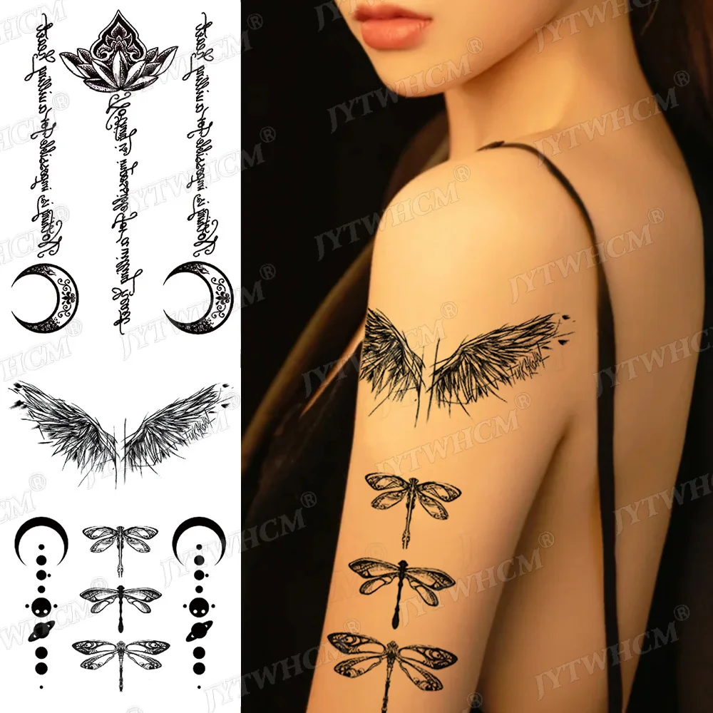 

Waterproof Temporary Tattoo Sticker Body Makeup Wing Moon Tattoos Black Dragonfly Rose Flower Realistic Art Flash Fake Tattoos