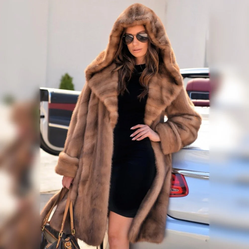 Шуба женская из натурального меха норки с капюшоном 90 см зима 2022 | Женская одежда