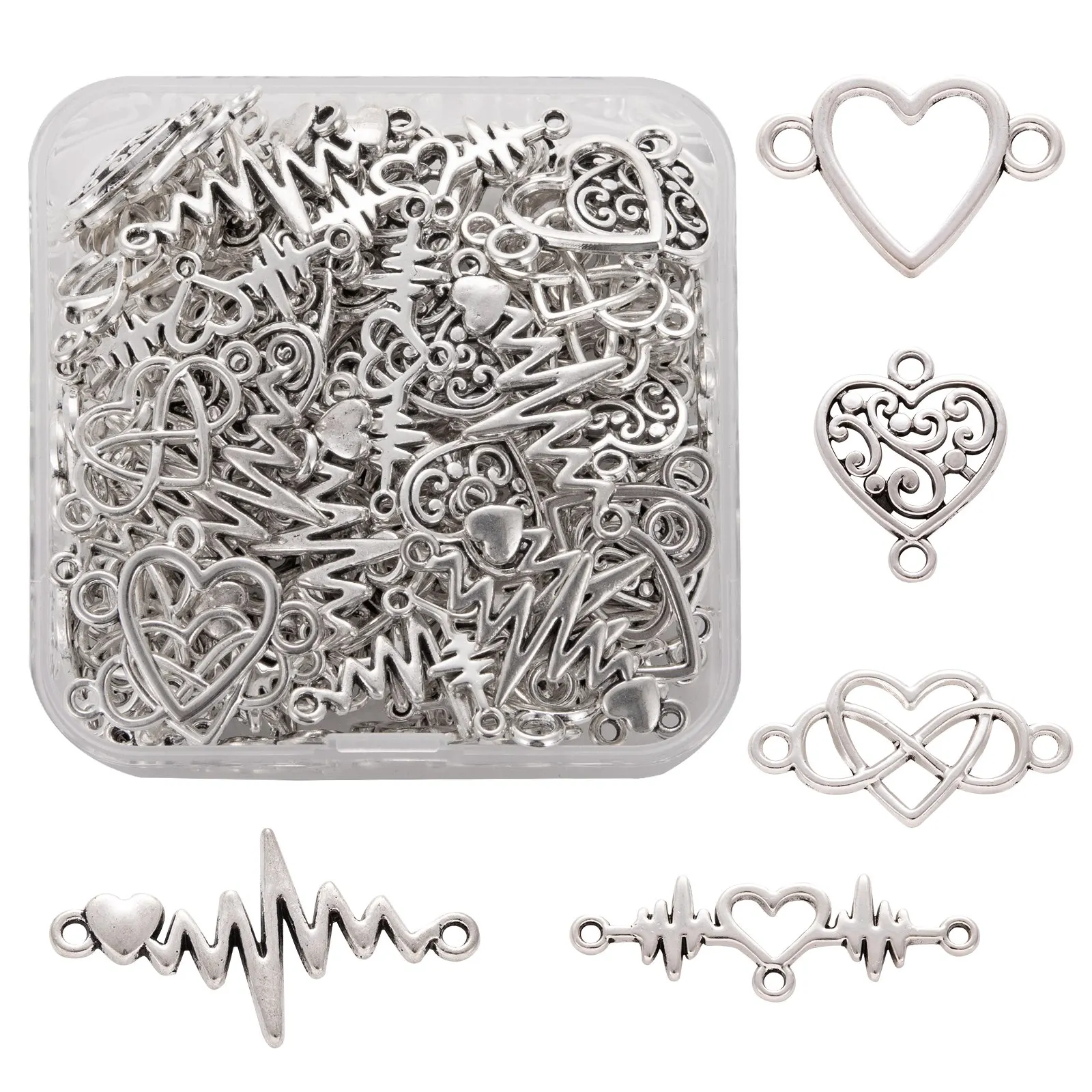 

100Pcs Heart Tibetan Style Zinc Alloy Links Connectors Charms for DIY Necklaces Bracelets Valentine's Day Jewelry Making Gifts