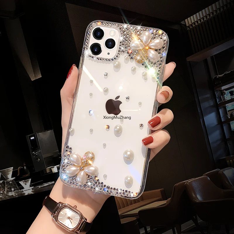 

Flower Phone Case for OPPO A93 A94 A74 A54 A95 A55 A53S A72 A73 A53 A32 A33 A16 A15 A92 Handmade Rhinestone Bling Clear Cover