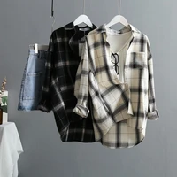 2022 spring autumn womens cotton casual student long sleeve plaid t shirt female flannel top office ladies clothing with button