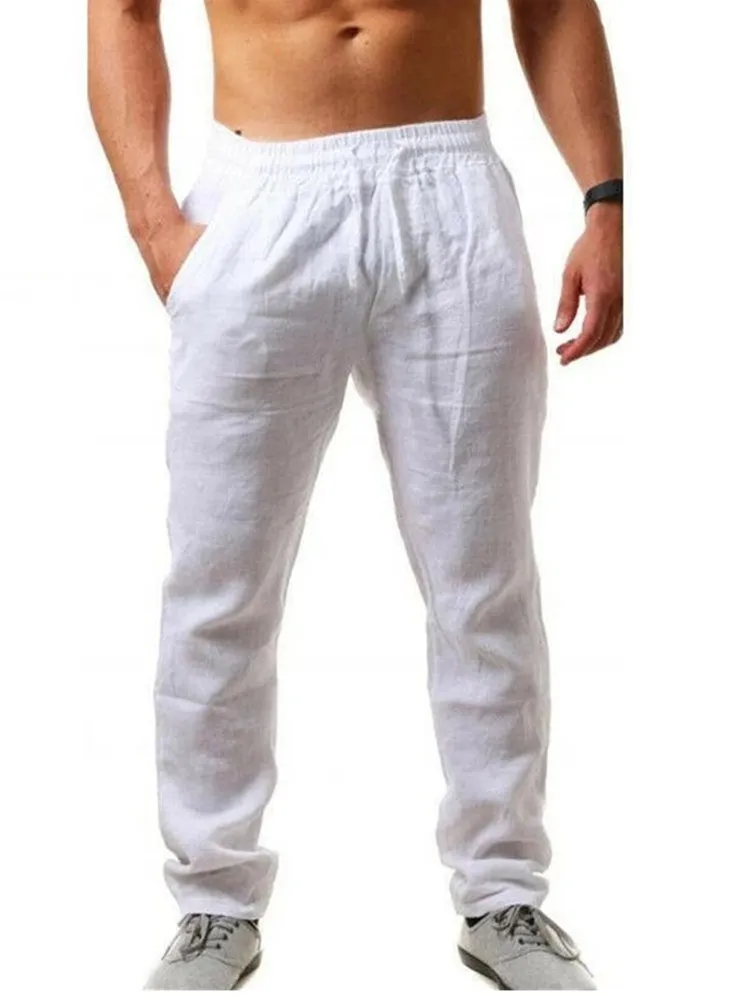 

Hot Men Cotton Linen Trousers Solid Color Elastic Waist Loose Long Trousers Men's Hip-hop Breathable Casual Pants Pantalones