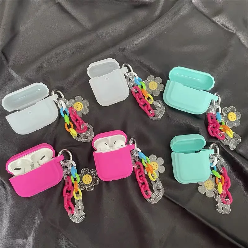 

Cute Smiling Flower Hand Chain Earphone Case For Apple AirPods 2 1 Plain Color Soft Cover Box For Air Pods Pro 3 Headphone Shell