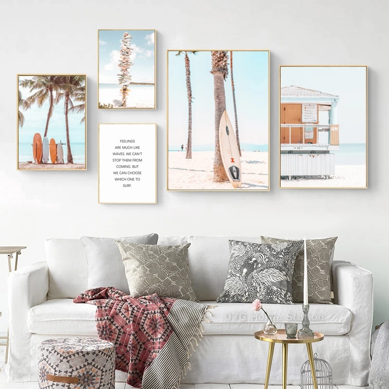 

Скандинавский свежий морской пейзаж серфинг доска для серфинга Пальма Холст Плакаты и принты Настенная картина для украшения гостиной