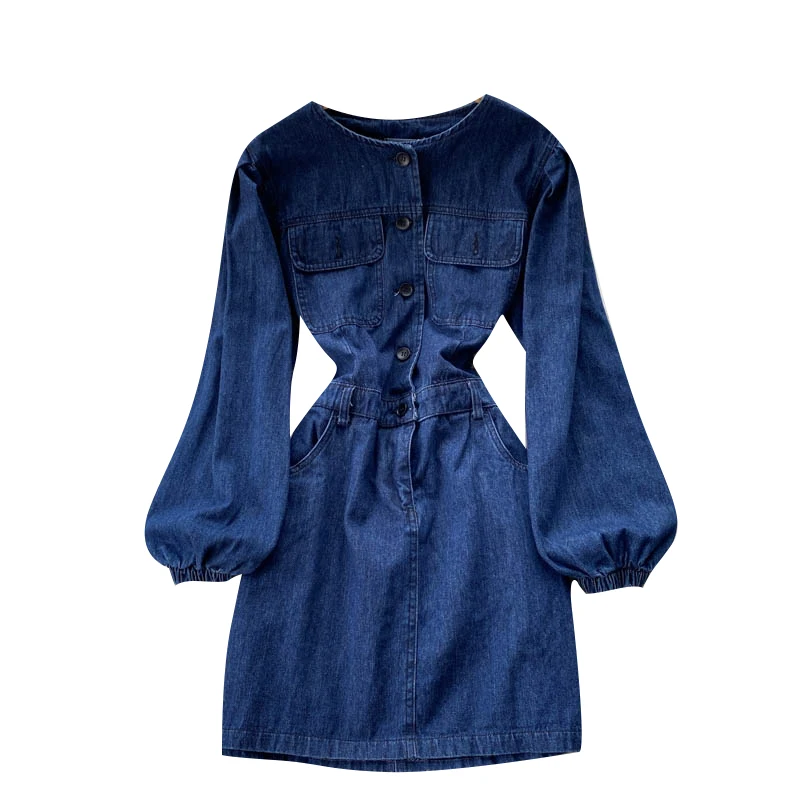 

WIGADFHK Autumn New Women's Denim Dress Casual O-neck Loose Waist Blue Slim-fit Denim Women's Denim Single Piece