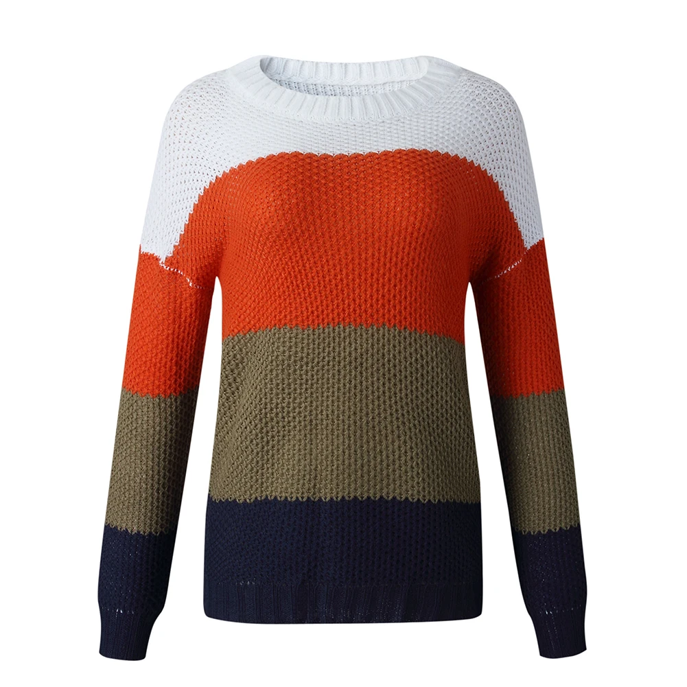 

woman sweaters Fashion Color Block Long Sleeve Knitted Sweater Casual O Neck Outerwear