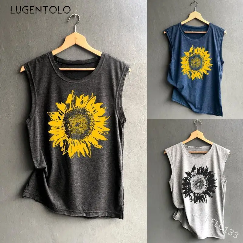 

Lugentolo Women Tshirt Plus Size Summer New Short Sleeve Round Neck Sunflower Print Polyester Casual Fashion Womens T Shirts