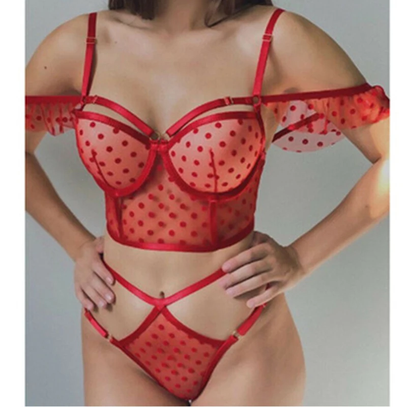 

Women Polka Dot Lingerie Sets Sexy Lace Adjustable sling Bras Underwear Fashion Lace Nightwear