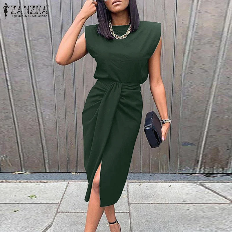 

Women Summer Sundress 2021 ZANZEA Elegant Sleeveless Pleated Office Lady Dress Femme Stylish Split Hem Work Midi Vestidos Robe