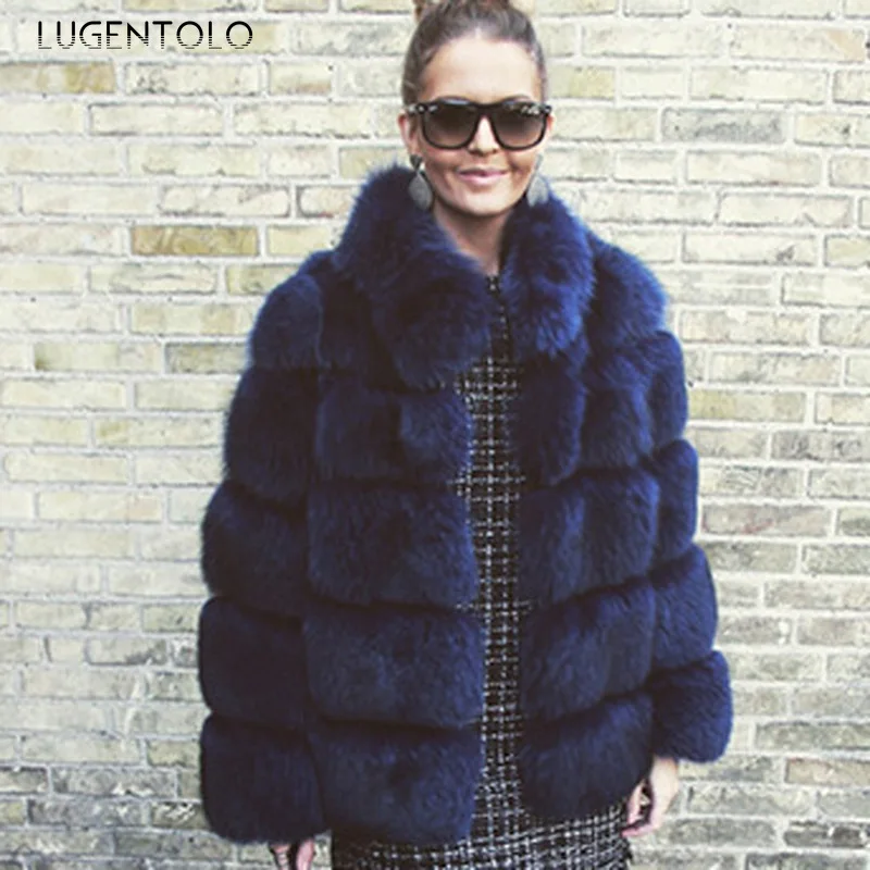 

Winter Faux Fur Women Thicken Warm Faux Fox Fur Solid Stand Collar Plush Coat Female Fashion Street Short Coats Lugentolo