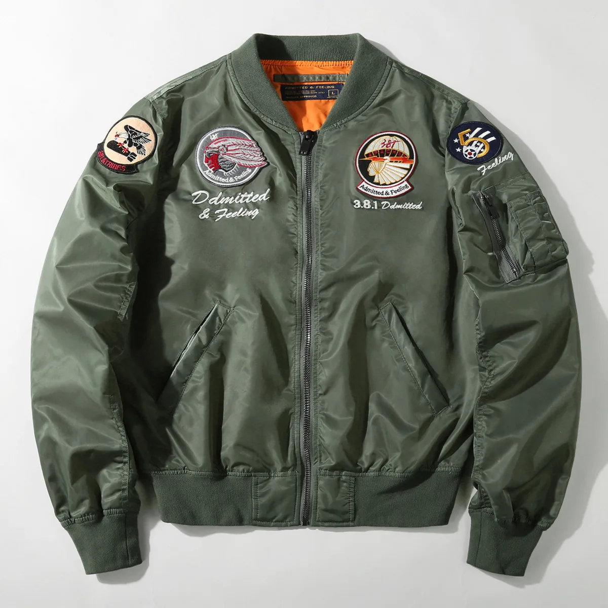 

Мужская куртка-бомбер в стиле милитари, однотонная Повседневная приталенная куртка-бомбер на молнии, с воротником-стойкой и вышивкой, Осень...