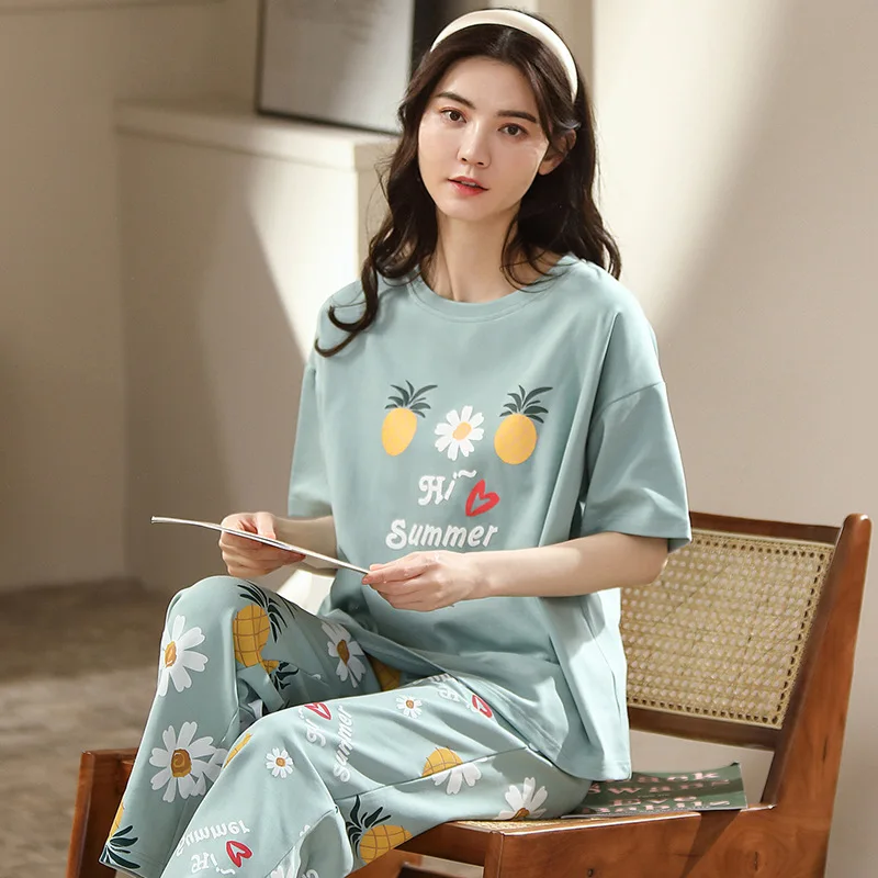 

Повседневная Уличная Домашняя одежда с круглым вырезом и коротким рукавом, летний хлопковый бежевый пижамный комплект для женщин, милая пи...