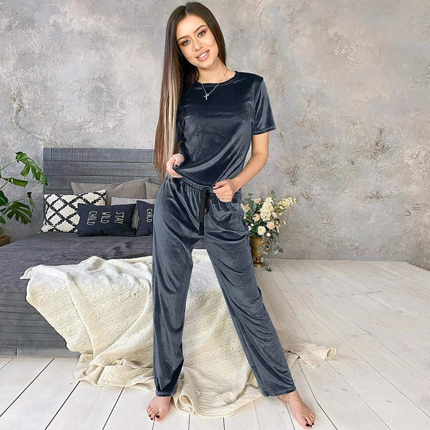 

HiLoc Blue Velvet Sleepwear Winter Warm Home Suit Sets Female Pajamas Loose Pants Ribbon Knit Short Sleeve Two Piece Set Lounge
