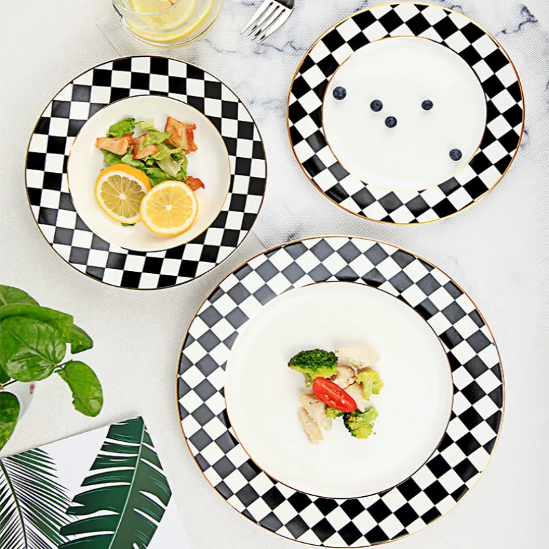 

European ceramic table utensils home kitchen plate list simple breakfast dish deep geometric black and white disc