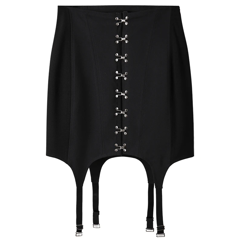 

[DEAT] Black High Waist Buttock Hook And Clasp Decoration Stitching Skirt Female Korean Fashion 2021 Spring And Summer GX942