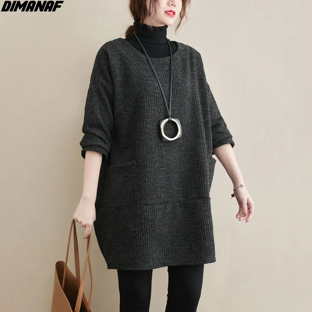 

DIMANAF 2020 Sweatshirt Women Cotton Knitted Warm Patchwork T-Shirt Oversize Winter Casual Style Vintage Solid Tops Oversize