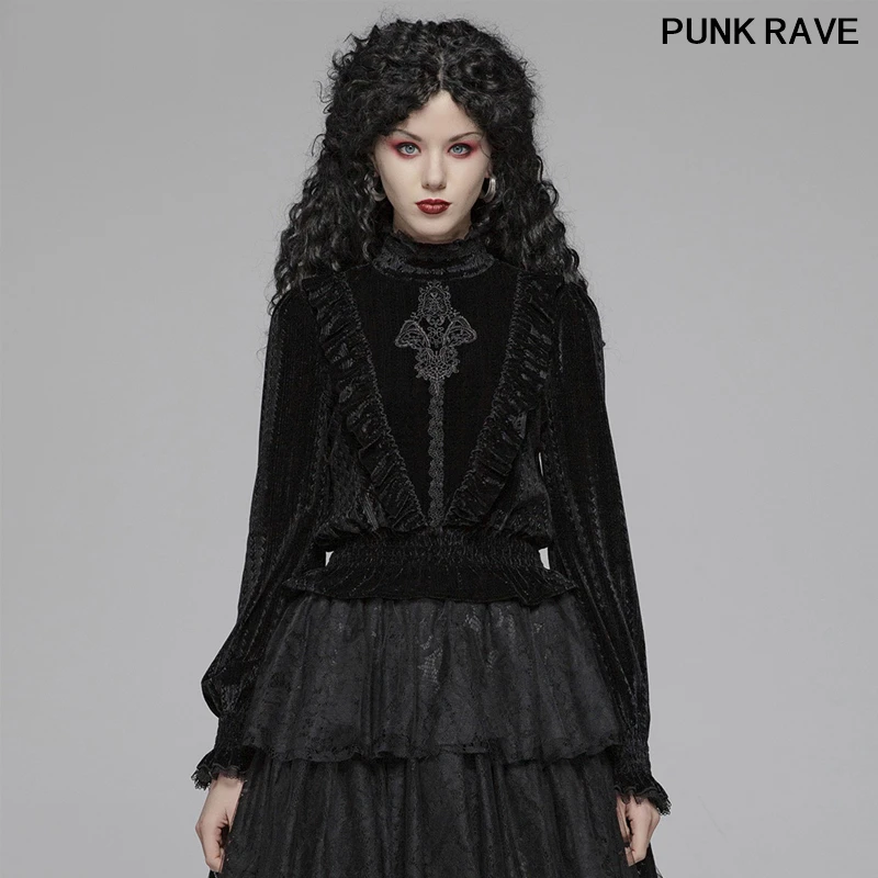 

Punk Victorian Vintage Slim Fit Elastic Women Blouses Gothic Stand Collar Gorgeous Dark-grain Velvet Shirt Punk Rave WT-571TCF