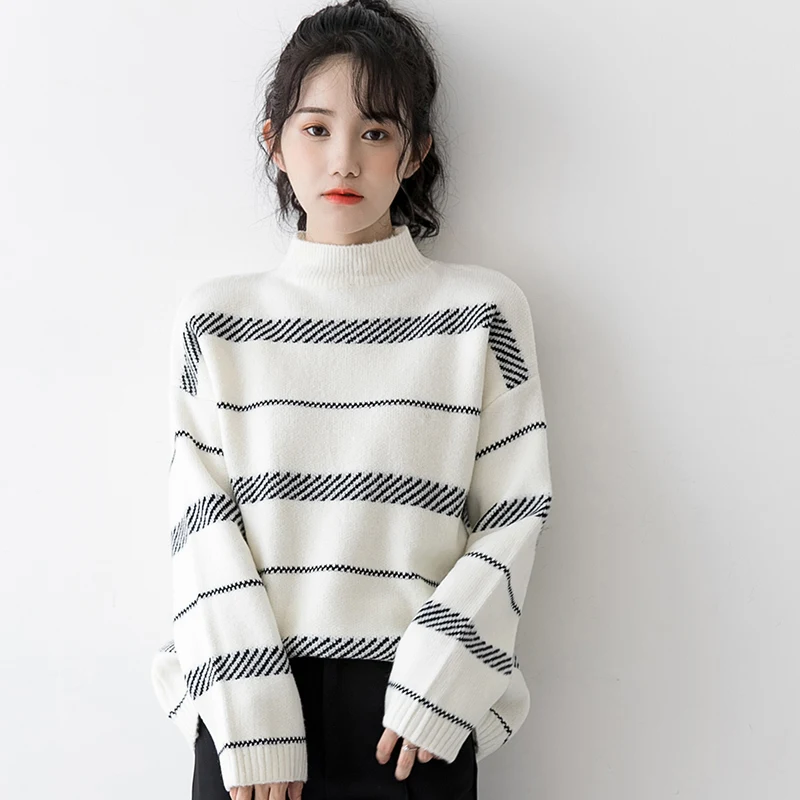 

2021 Spring Autumn Women Half Turtleneck Striped Knit Sweater White Slim Long-sleeve Elasticity Bottoming Knitwear Pullover Tops