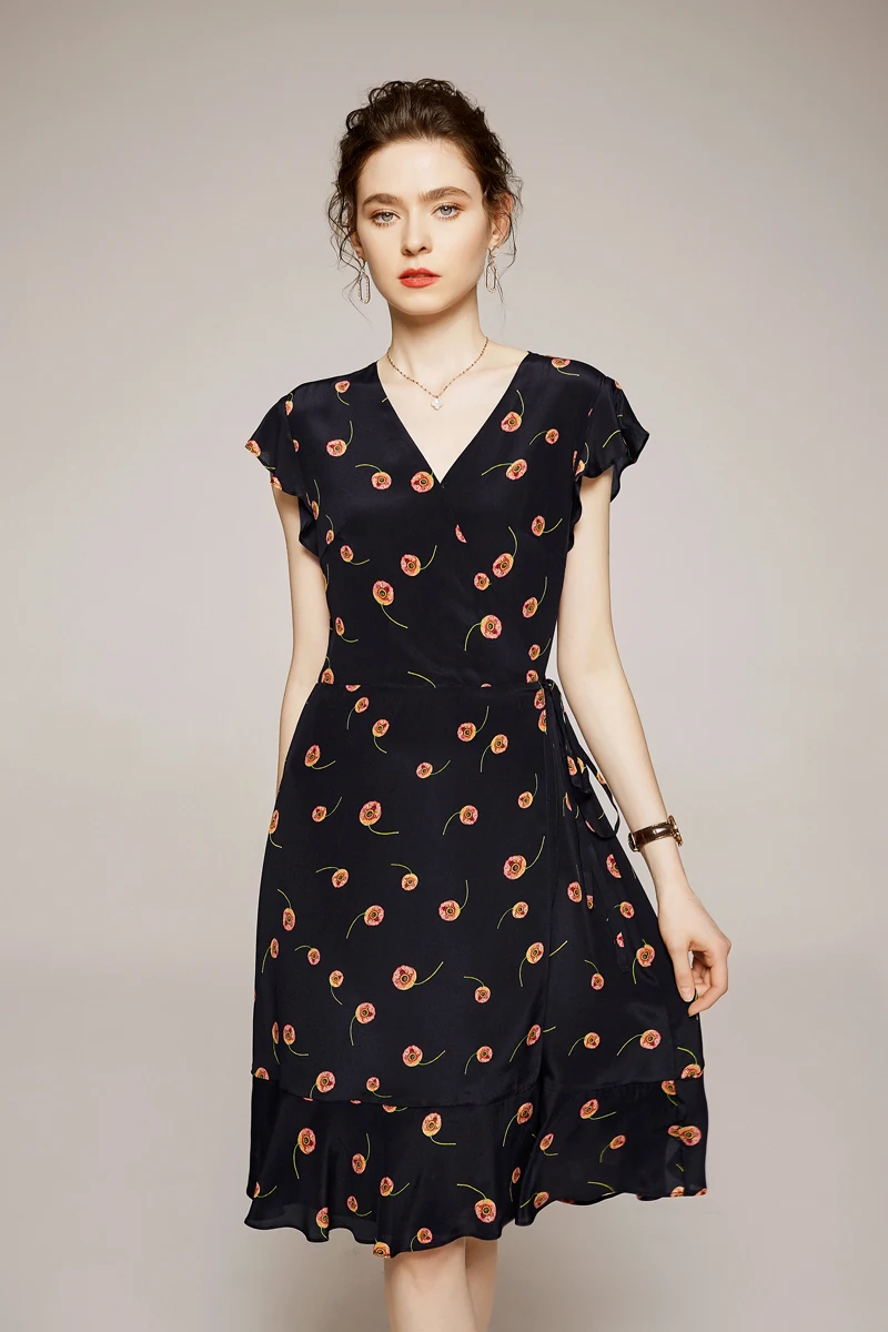 

100% Silk Women's Runway Dresses Sexy V Neck Flare Sleeves Printed Lace Up Fashion Casual Summer Dresses