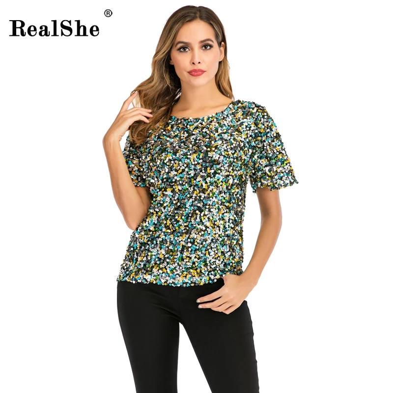 RealShe женские футболки и топы круглый вырез короткий рукав Sequince Camiseta Feminina