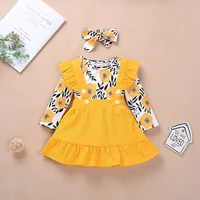 autumn toddler kids girls outfit clothes long sleeve yellow romper tops floral strap dress skirt 2pcs sets