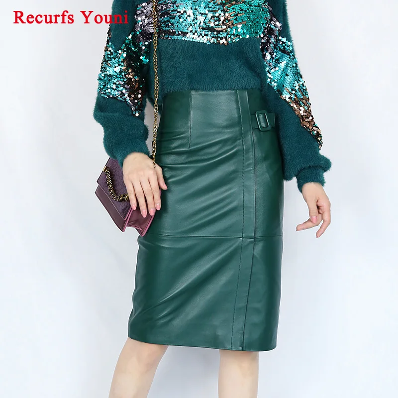 Женская юбка миди из натуральной кожи с высокой талией и разрезом|Женские юбки| |