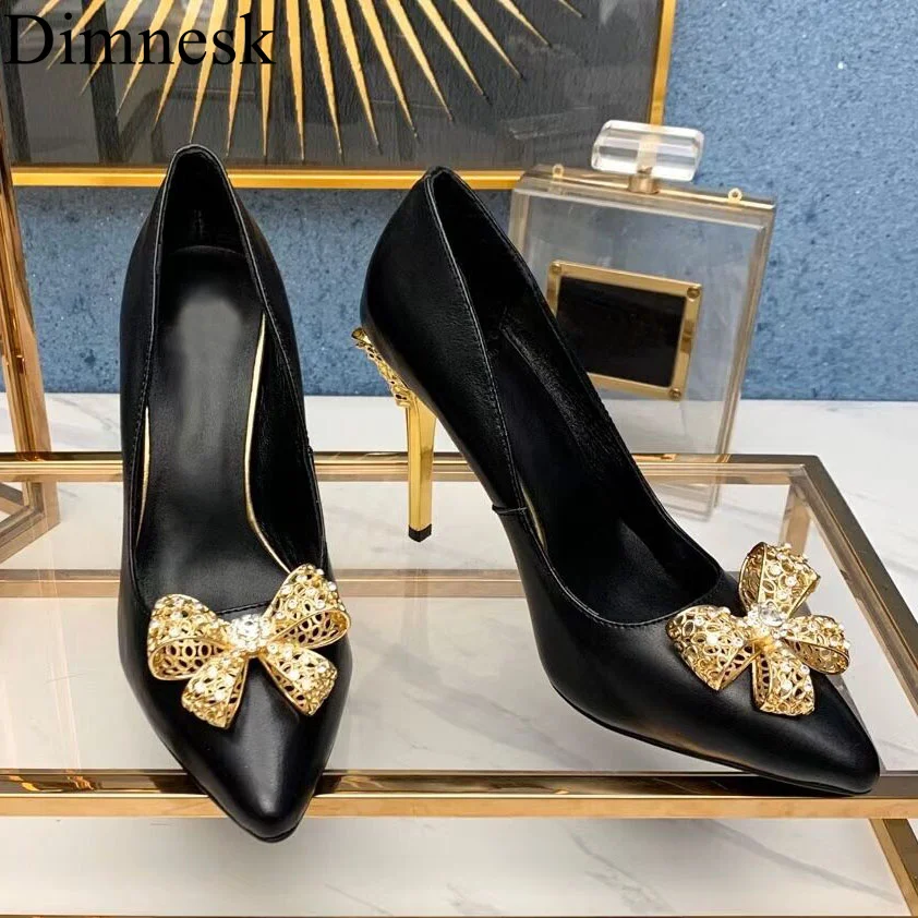 

Runway Pointed Toe Thin High Heel Pumps Women Real Leather Metal Bowknot Crystal Decor Single Shoes Spring Sexy Party Shoes 2021