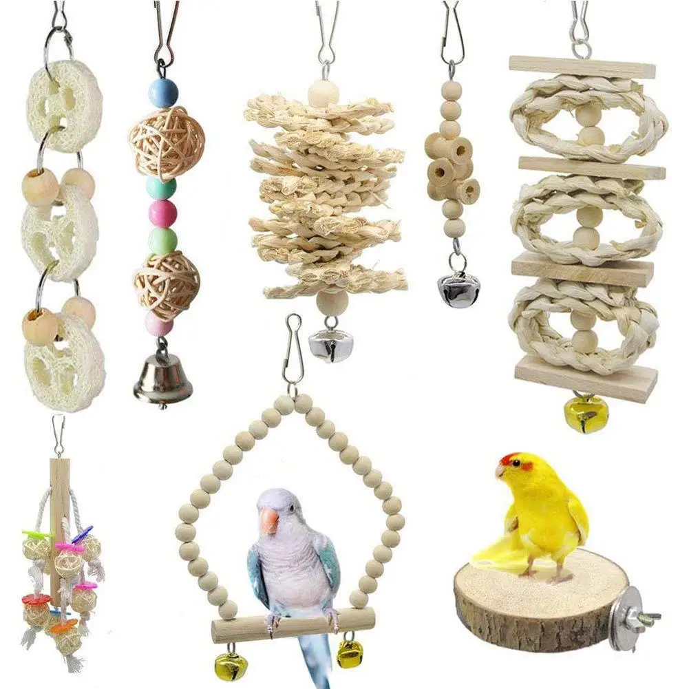 

8pcs/set Wooden Parrot Toy Flower Shape Bite-resistant Bird Toy Pendant Pet Supplies