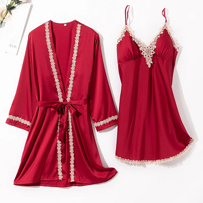 

2PCS Robe Set Satin Faux Silk Women Kimono Bathrobe Gown 2021 Summer New Nightwear With Pads Sleepwear Loose Intimate Lingerie