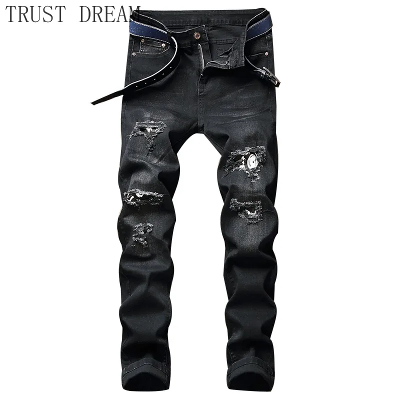 Джинсы мужские хлопковые в стиле пэчворк черные повседневные брюки из денима с
