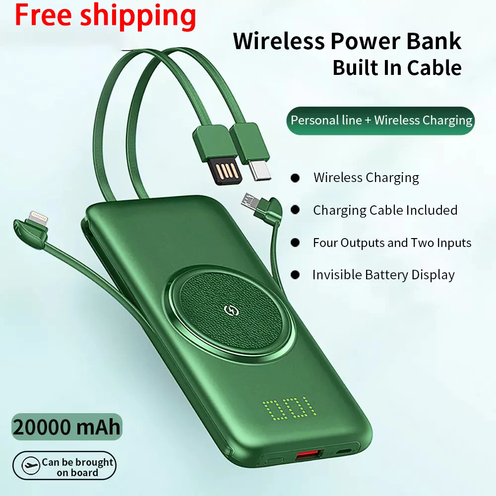 

20000mAh Qi Wireless Charger Power Bank Built-in 4 Cables Powerbank Portable External Battery Charger For Xiaomi iPhone