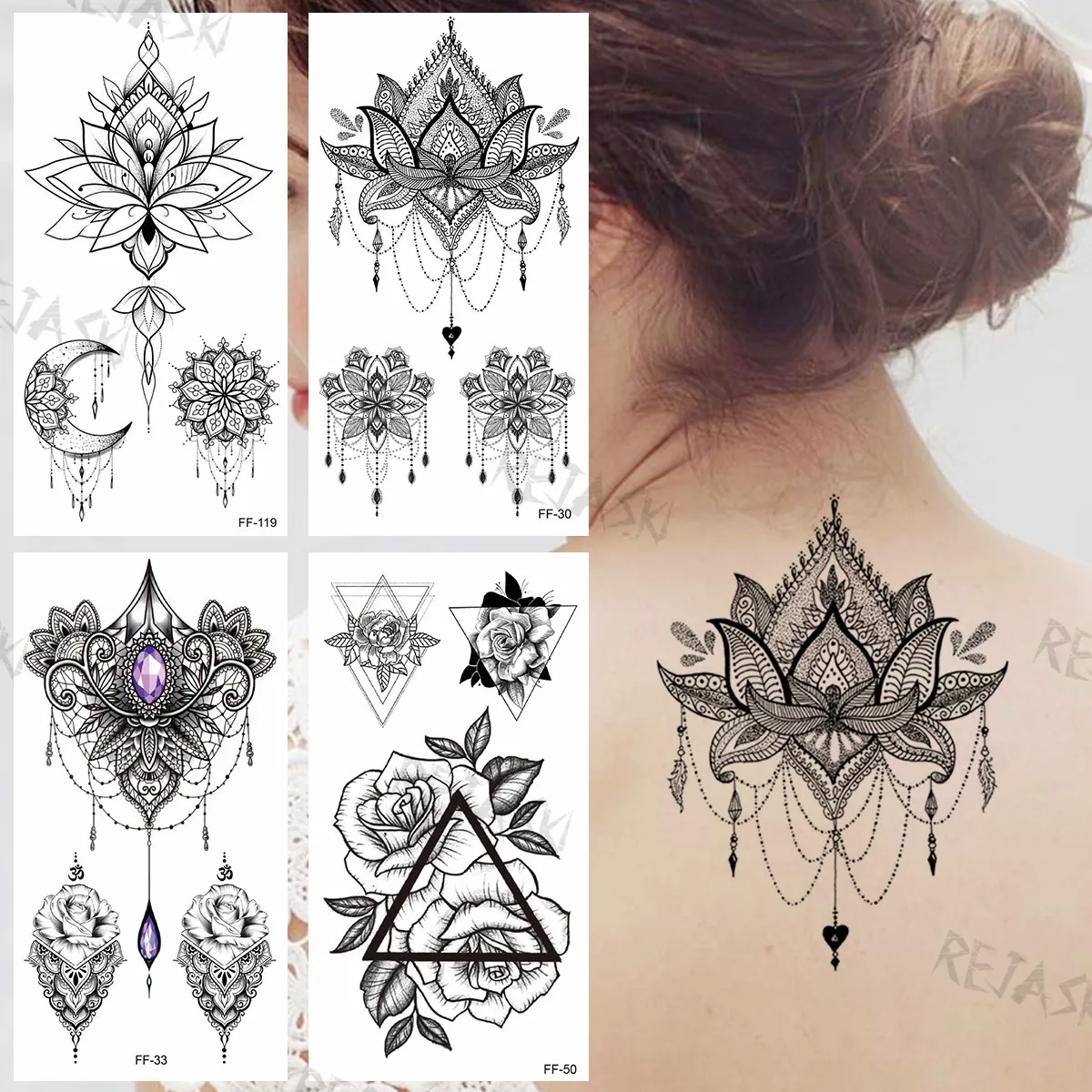 

Waterproof Black Lotus Henna Temporary Tattoos For Women Girls Geometric Dahlia Mandala Fake Tattoo Sticker Back Tatoos Arm
