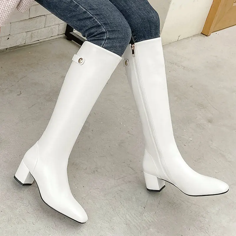 

Женские сапоги до колена из искусственной кожи, на низком каблуке, с квадратным носком