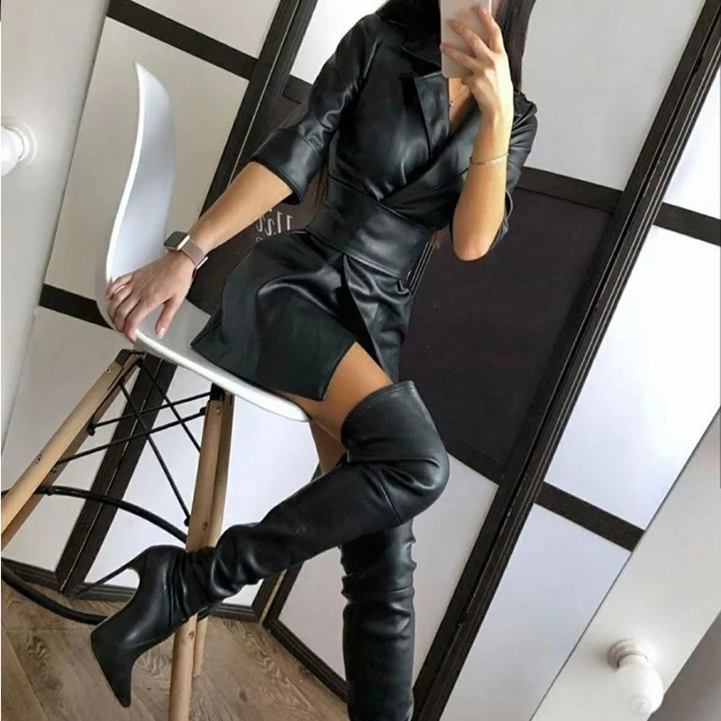 Faux PU Leather Bandage Women Dress Ladies Jacket Short Dress  Belt Streetwear Female Solid Color Leather Suit Collar Sexy Dress