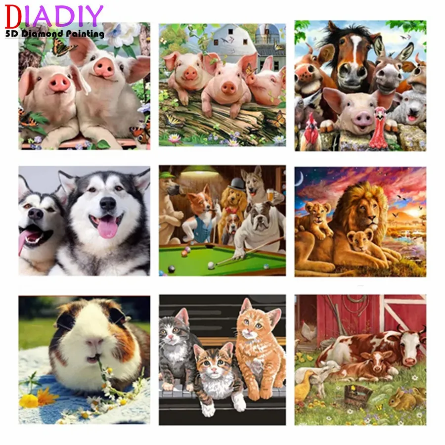 

5D DIY Full Round Diamond Painting Cross Stitch Kits Diamond Animal Pattern Cat Pig Tiger lion Dog Diamond Embroidery Home Decor