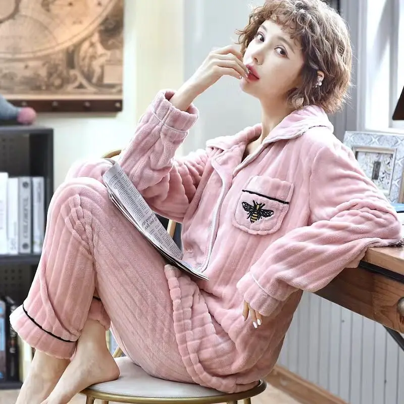 

2020 Winter Pajamas Set Women Two Piece Flannel Thick Warm Sleepwear Pajamas Sets Cute Pajama Homewear Pijama Mujer