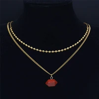2pcs redstone stainless steel bead layered necklace for women gold color charm necklaces jewelry accesorios mujer nd27s04