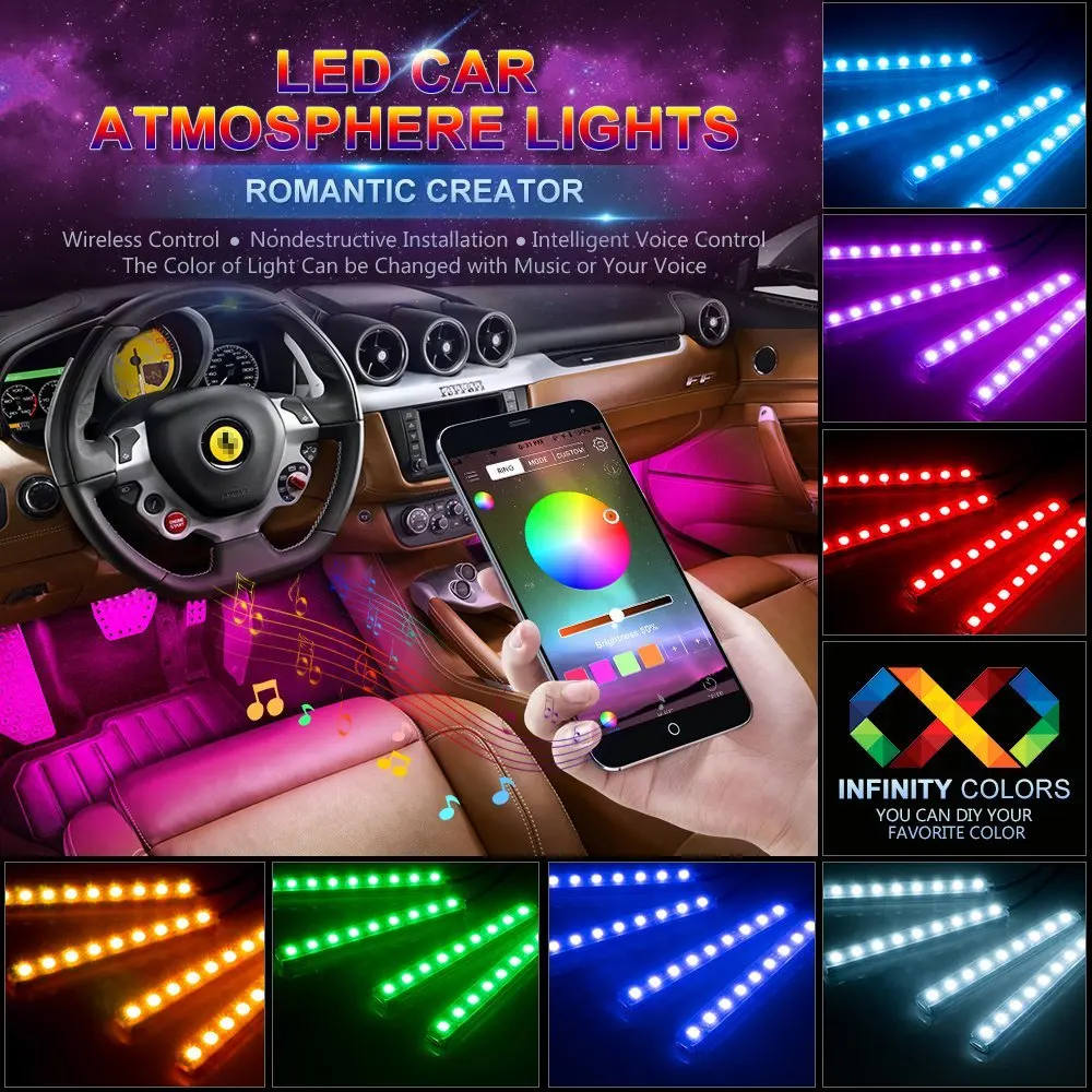 Автомобильная светодиодная полоса освещения s 4 шт. 48 светодиодов Bluetooth