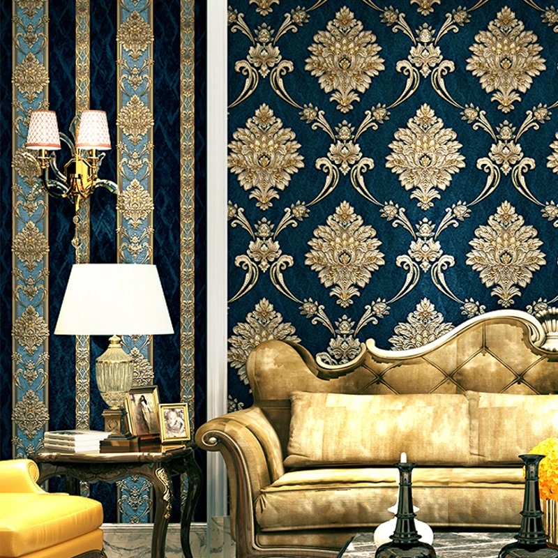 

Luxury Glitter Gold Floral Damask Wallpaper Textured Vinyl Damask Stripe Wall Paper For Home Live Room Bedroom Roll