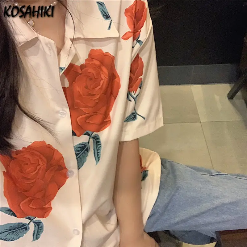 

KOSAHIKI Causal Loose Short Sleeve Blouse Vintage Rose Flower Print Harajuku All Match Blusas Korean Streetwear Shirts Femme