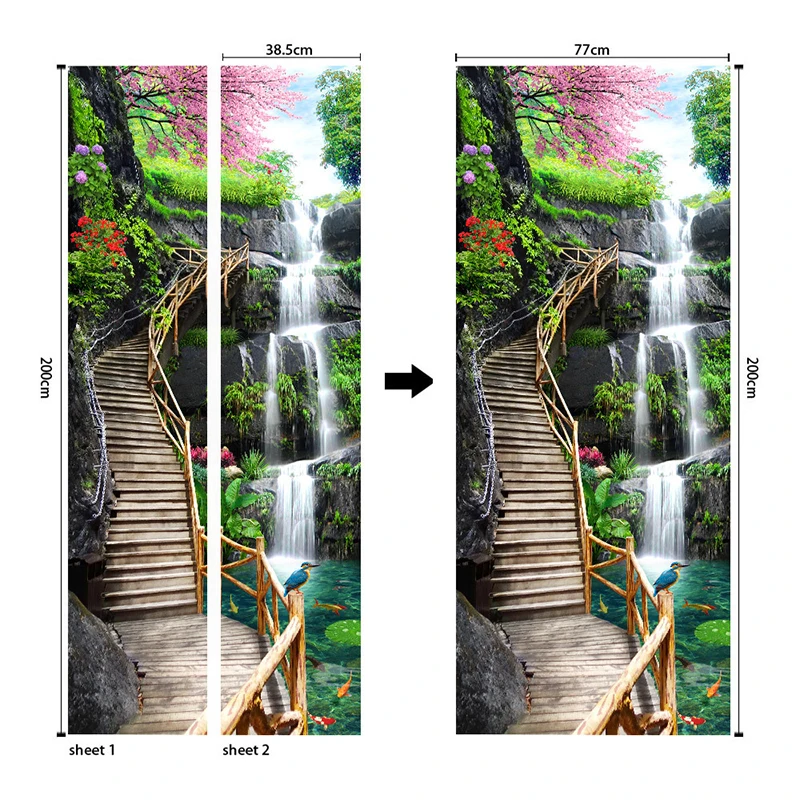 77x200cm 3D Door Wallpaper DIY art For Door self-Adhesive Wall Murals Vinyl Removable Door Decals waterfall Home Decor Stickers