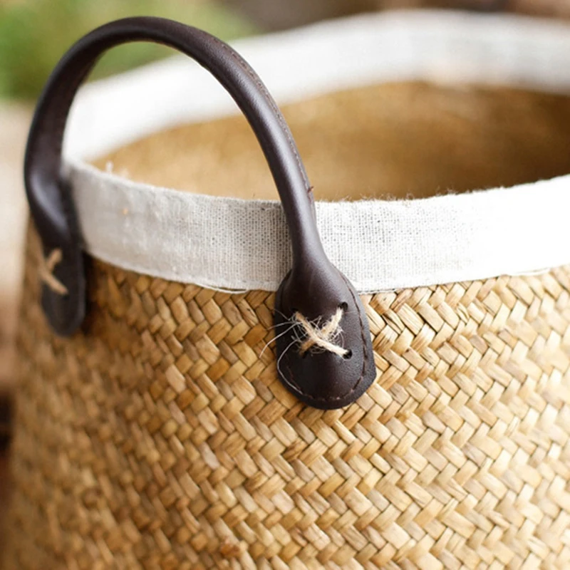 

Pastoral Handmade Seagrass Basket Painted Linen Edge Flower Pot PU Handle Braided Basket Rattan Woven Basket