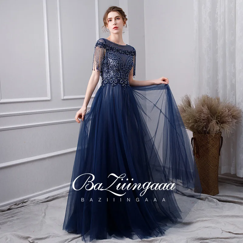 

BAZIIINGAAA Luxury Navyblue Lace Evening Dress Handmade Beaded Sleeveless Tassel Design Accepts Plus-Size Custom Evening Dress