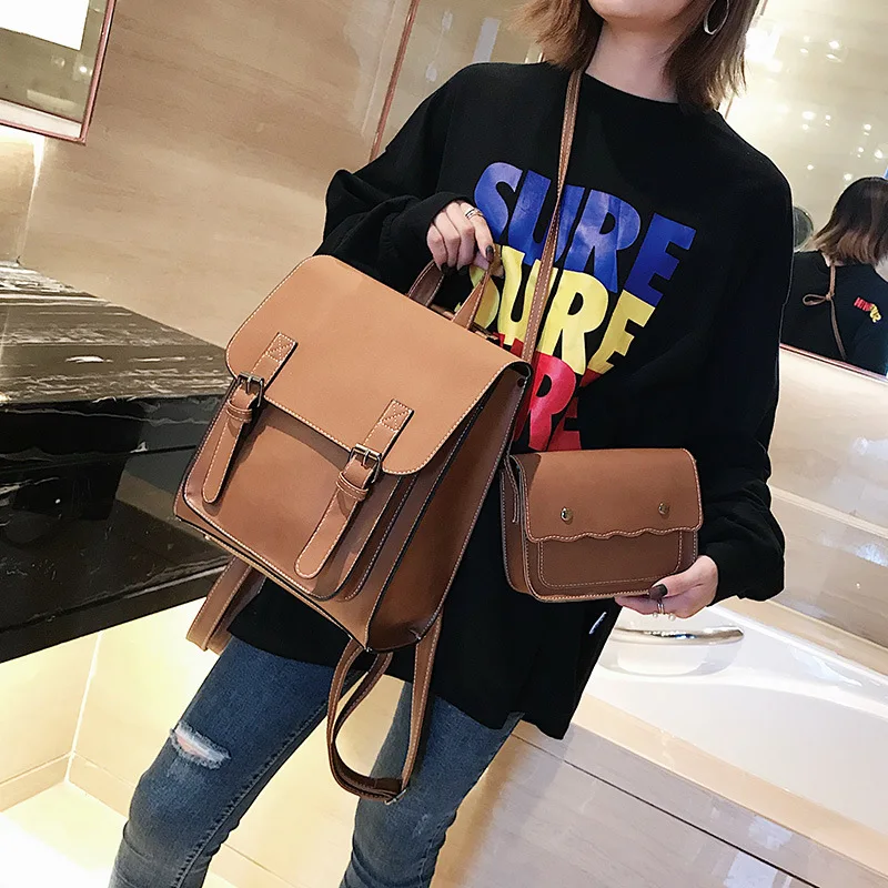 

2020 Vintage Leather Women Backpack High Quality Female Ladies Student Bag Girl Famous Brand Casual School Package Total 2 Pcs