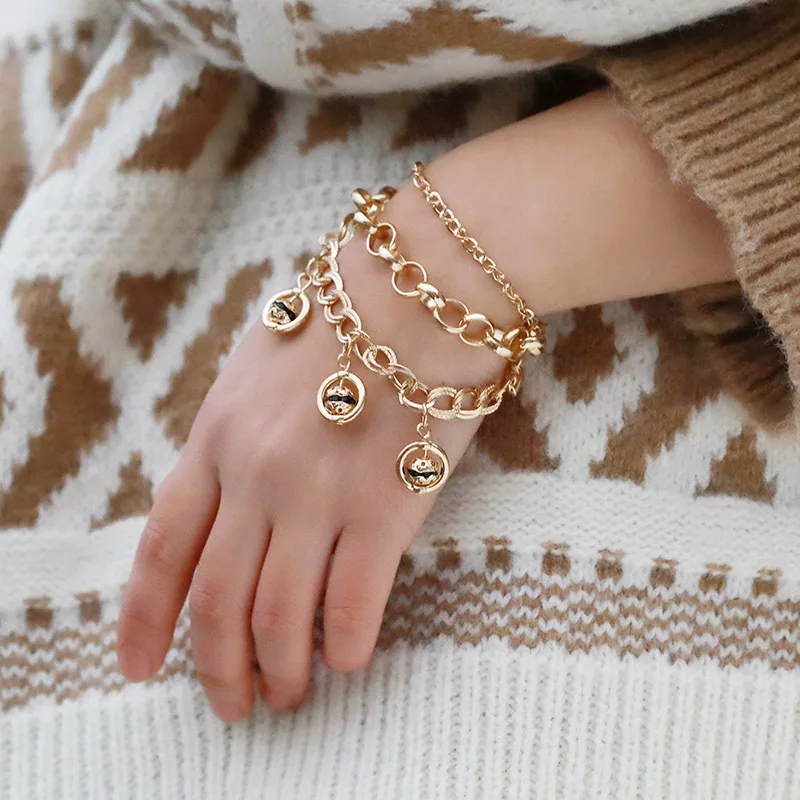 

3Pcs/ Personality Simple Geometric Crystal Inlaid Rhinestone Pendant Bracelet Lot Punk Miami Curb Cuban Thick Bracelet Jewelry