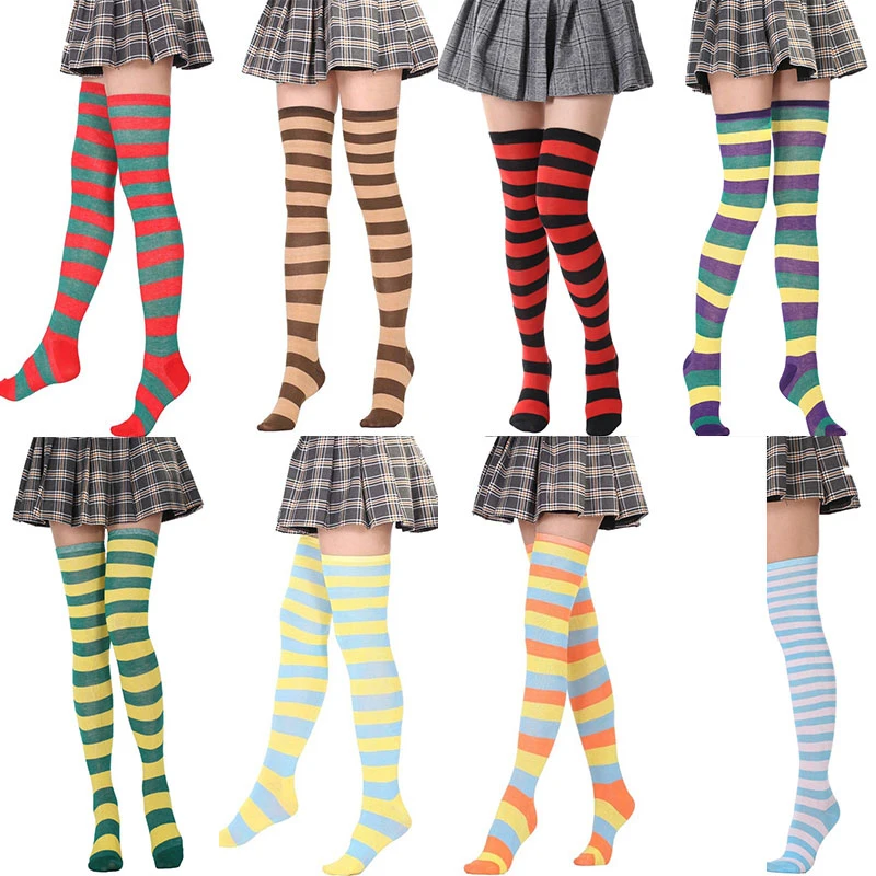 

Women Girls Over Knee Long Stripe Printed Thigh High Striped Cotton Socks Japanese Color Striped Socks Plus Size Overknee Socks