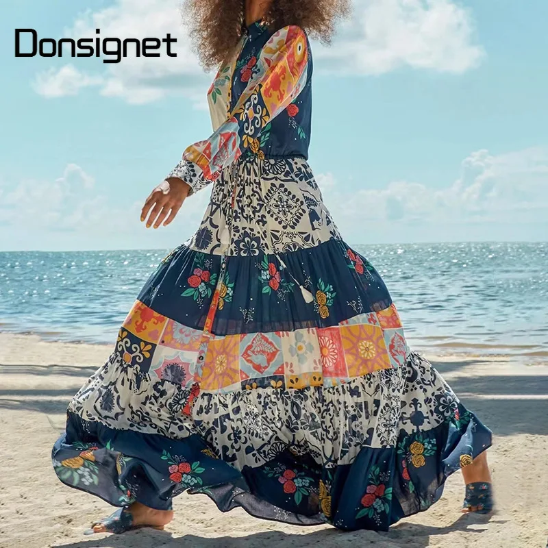 

Женское шифоновое платье Donsignet, длинное однобортное платье с отложным воротником и винтажным принтом, осень