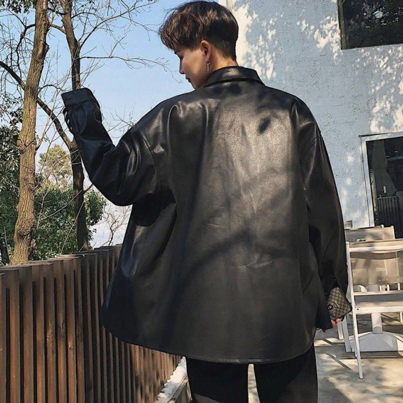 

Couple Oversized PU Leather Blouses 2020 Autumn Winter Black Leather Coat For Women Turn-down Collar Motor Biker Women Jacket