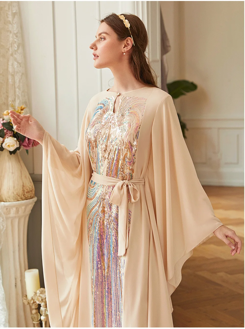 

Женское шифоновое платье ucnMulticolor, с блестками, длинными рукавами фараша, мусульманское платье, абайя свободного кроя, Дубай, Турция, Марокка...